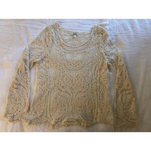 Soho Girls Womens Cream Floral Lace Long Sleeves Stretch Sheer Boho Tunic EUC‎